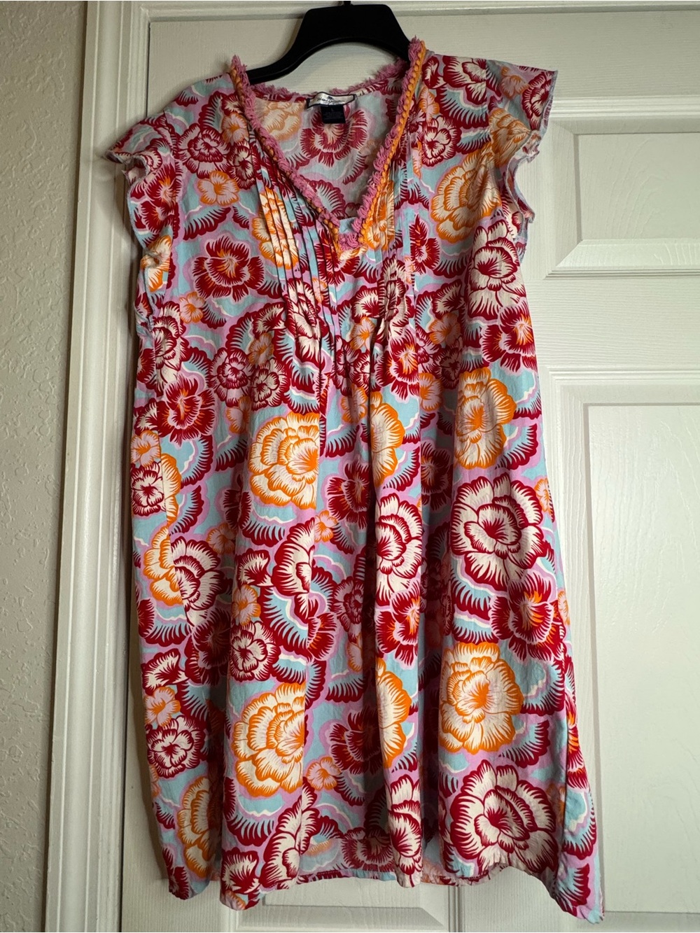 Floral V‑Neck Mini Dress in Sky Blue with Red & Yellow Blooms